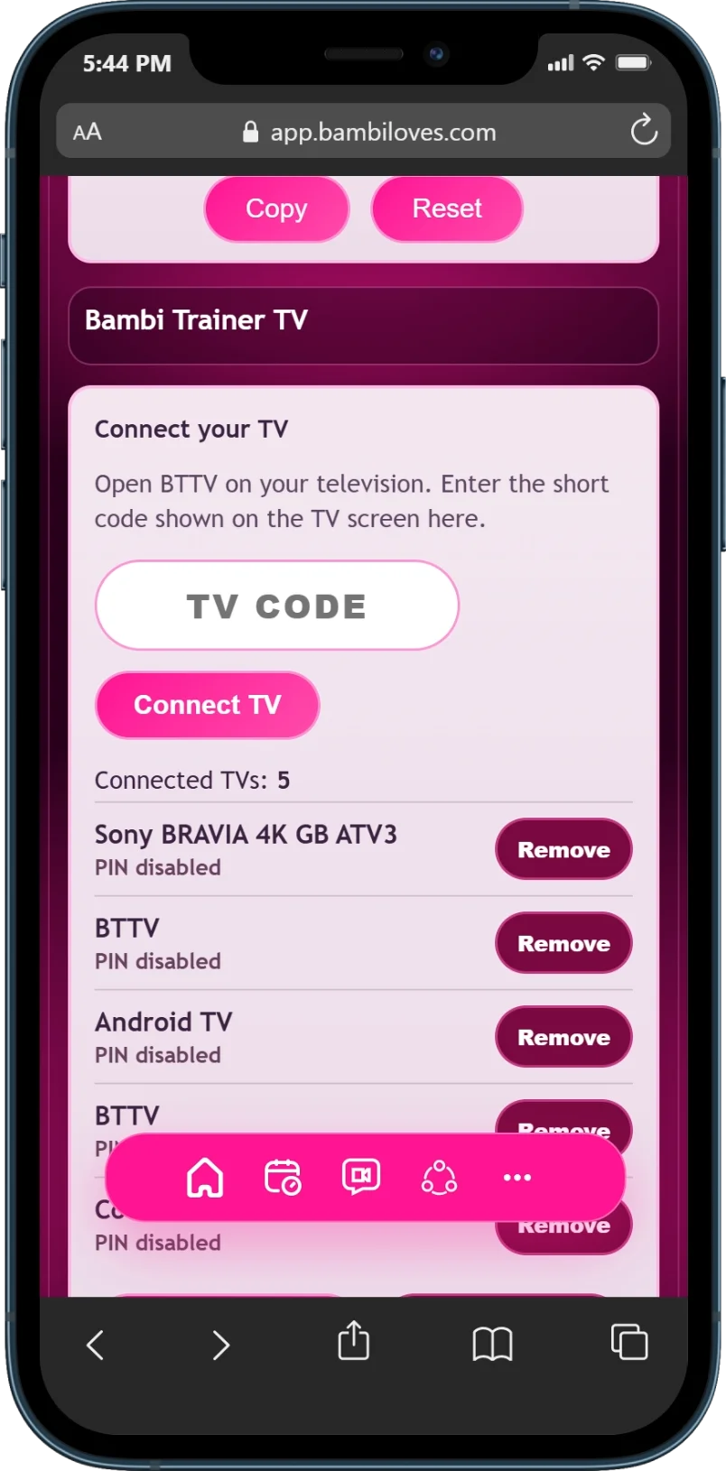 Bambi Trainer phone app Connect TV section